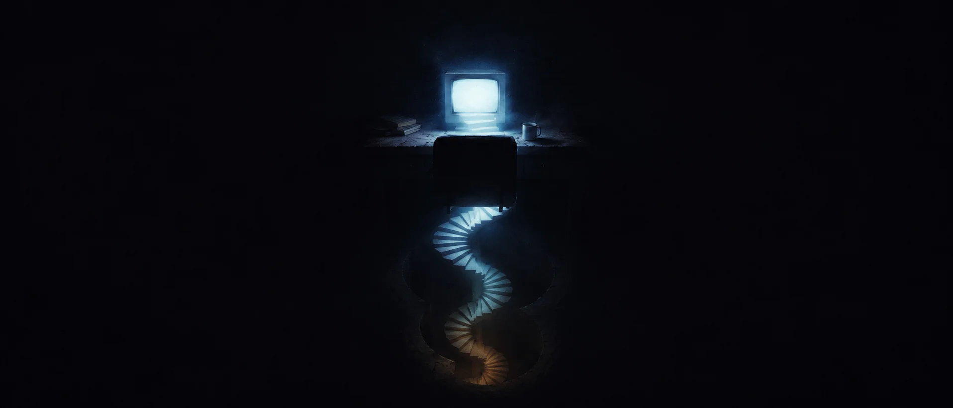 A CRT monitor glowing in a dark room, a spiral of light descending from the screen into the floor.