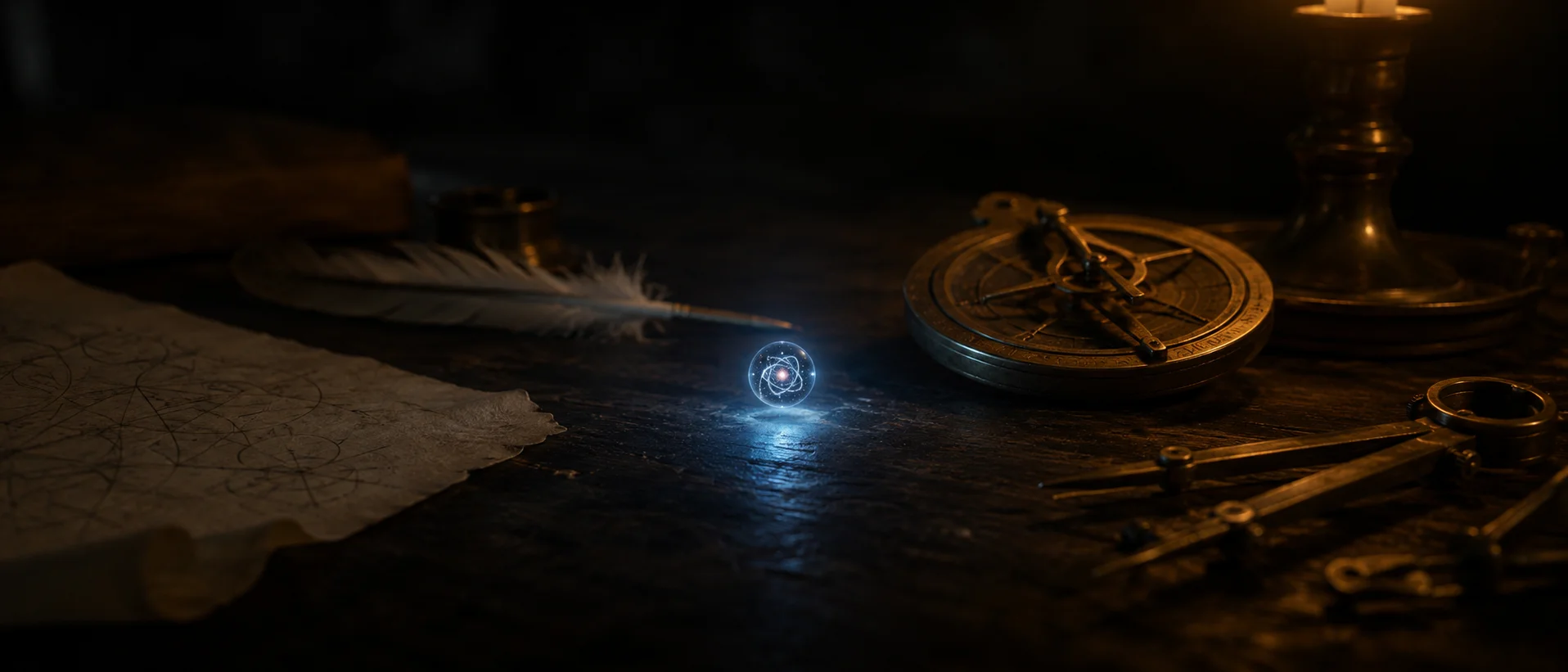 A single point of light above a candlelit desk, an entire universe reflected inside it.
