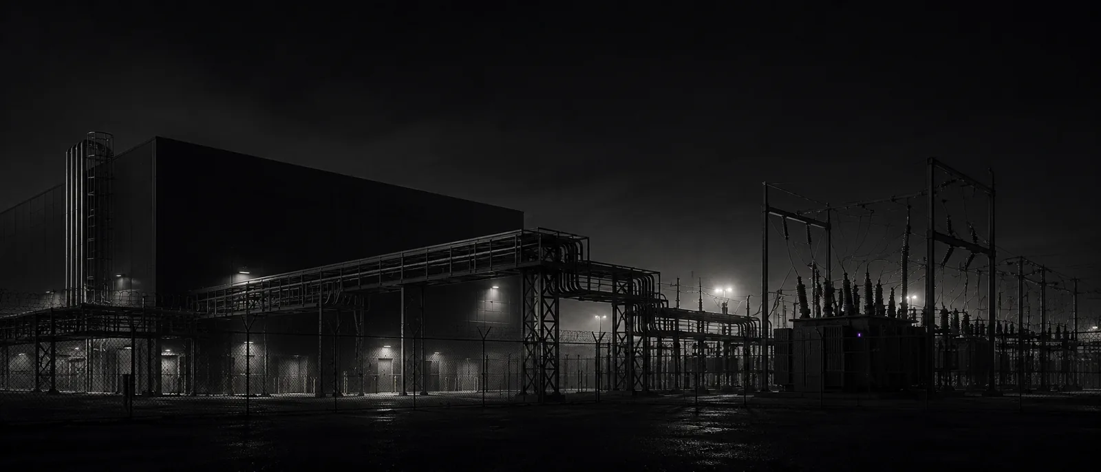 A data-centre substation at night, fenced and floodlit.