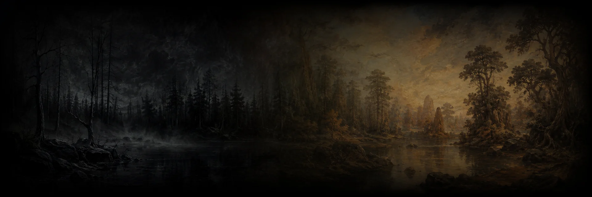A dark forest landscape in oils: cold mist-blue pines on one side giving way to warm autumn light across still water.