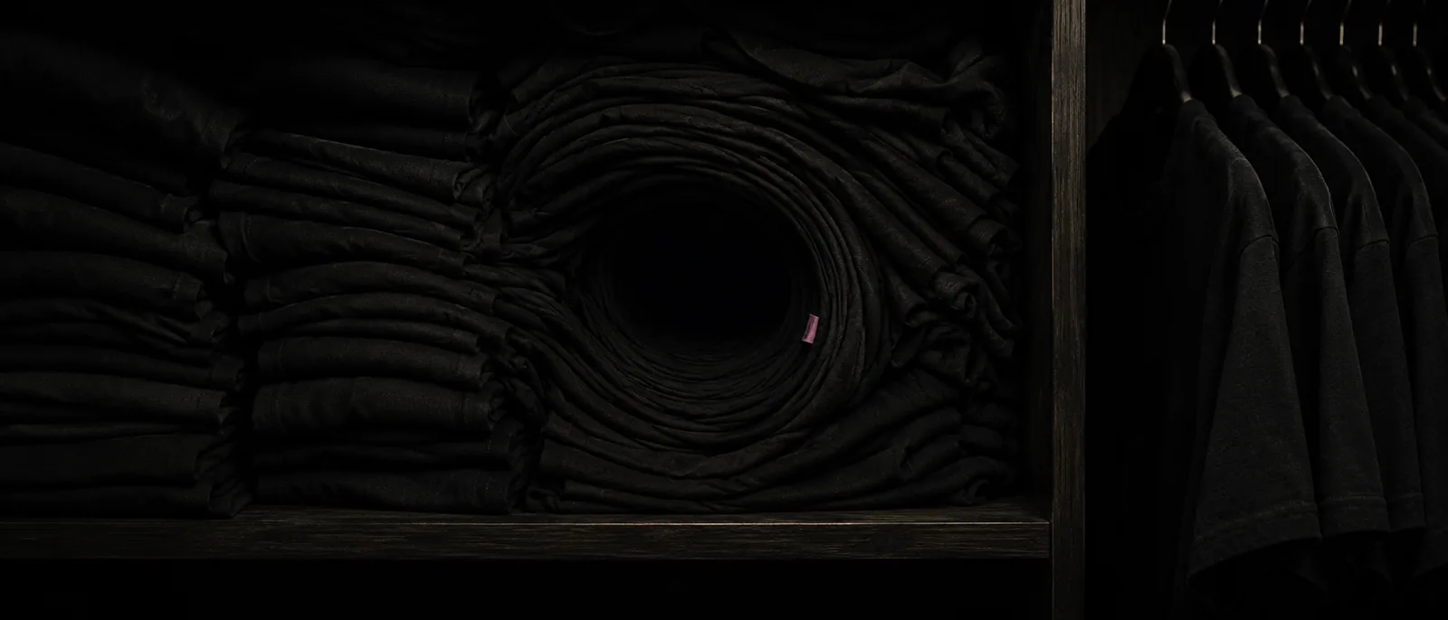 A shelf of folded black t-shirts coiled into a spiral.