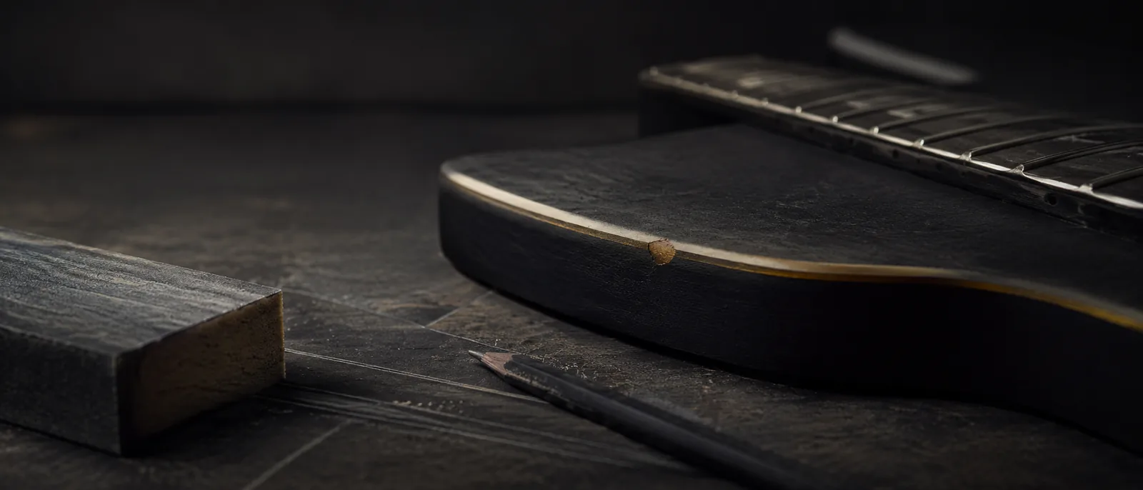 Macro of a black guitar body edge with a pencil and fret file.